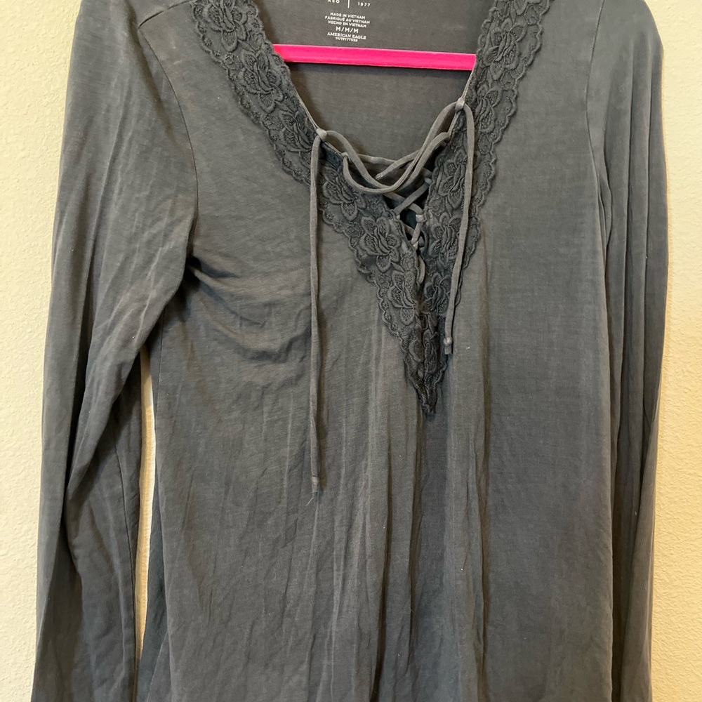 American Eagle Outfitters Gray Tie Front Blouse